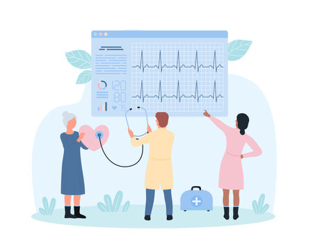 Cardiology, heart health checkup by cardiologists vector illustration. Cartoon tiny people holding stethoscope for medical examination, hear heartbeat and check ekg cardiogram for cardiac diagnose