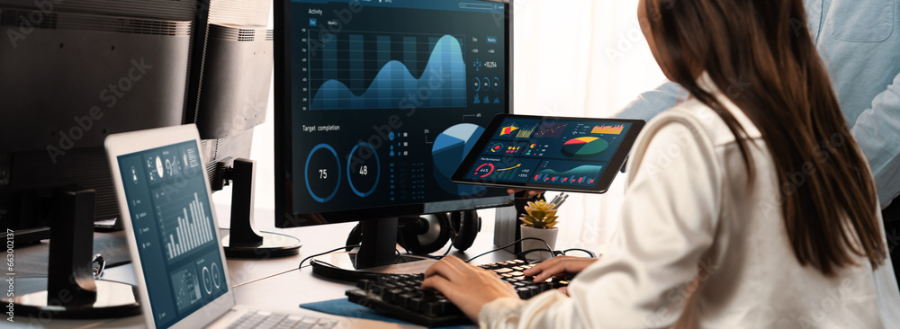 Poster analyst working on data analysis or bi dashboard on computer monitor. business team analyzing financ