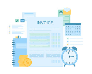 Invoice form, financial document for monthly payment by customer vector illustration. Cartoon isolated digital or paper bills to pay and return transaction, calendar and money, finance account