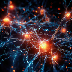 Illustration of a human nerve cell on a dark blue background with light effects. The nerve cell interacts by means of a light pulse. Generative AI