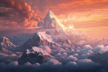A snowy mountain set in a 3D landscape. Generative AI - obrazy, fototapety, plakaty