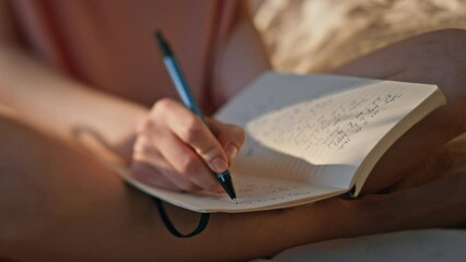 Hands writing personal journal in sunlight closeup. Calm girl rest morning bed