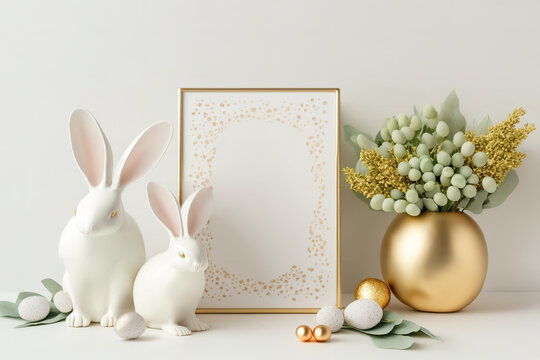 Easter decor. Text mockup frame. Rabbit and eggs. White table and wall with flowers. Generative AI