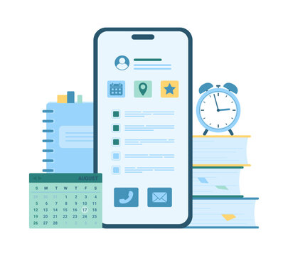 Organizer and calendar app in mobile phone vector illustration. Cartoon isolated digital agenda, checklists and daily tasks on smartphone screen, books and document folders for planning office work