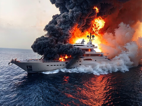 yacht is on fire in the sea