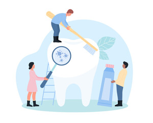Teeth brushing, oral hygiene vector illustration. Cartoon tiny people holding toothbrush and healthy toothpaste to clean giant human tooth, woman examine dental germs in mouth under magnifying glass