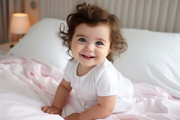 Adorable Newborn Smiling Baby Girl in Light Cloth in Bright Pink Bedroom