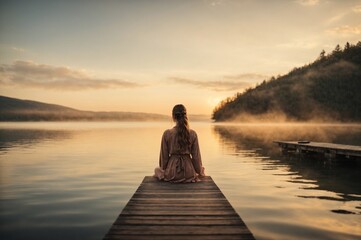 Young woman meditating on a wooden pier on the edge of a lake to improve focus - obrazy, fototapety, plakaty