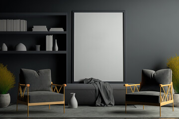 Stylish shelf, coffee table, and two armchairs in a dark grey living room mockup canvas. Concrete. Modern home design. Generative AI