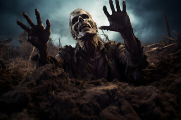 Zombie rising from the grave, creepy hand coming out of the ground
