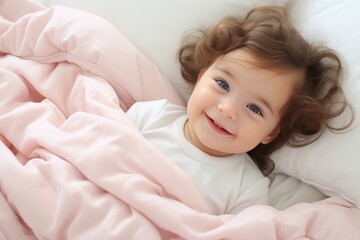 Portrait of a Happy, Smiling Baby Girl in a Bright Bedroom Bed, Enjoying a Blissful Childhood
