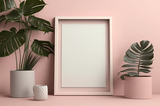Blank landscape wooden frame with small houseplant, painting, or artwork display mockup in front of pink wall. Generative AI