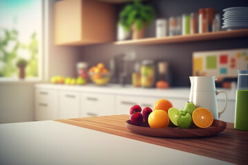 interior design with blurred background, contemporary kitchen, and illustration of a nutritious breakfast. Generative AI