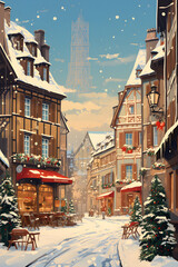 Winter Wonderland in Strasbourg, Festive Cityscape with Landmarks and Vintage Charm