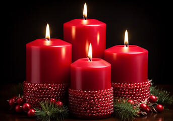 Christmas decoration with beautiful decorated lit candles. AI generated
