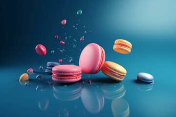 Floating macaroons on blue background. Abstract illustration. Generative AI