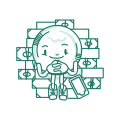 Coin Character Sits On Pile Of Money