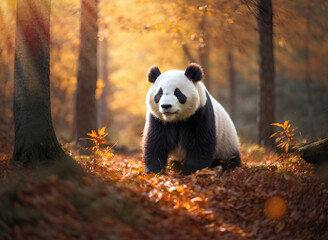 Giant panda in the autumn forest.