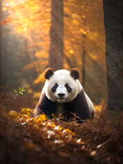 Giant panda sitting in the forest in autumn.