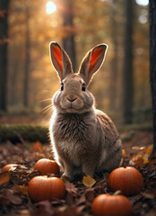 Cute little rabbit with pumpkins in autumn forest.