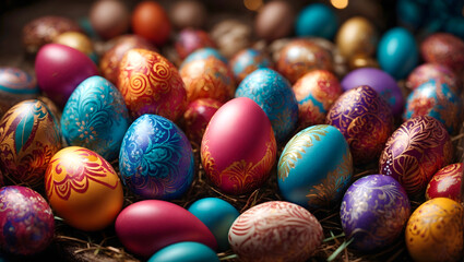 Fototapeta na wymiar Colorful easter eggs in a nest. Happy Easter!