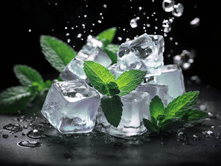 Ice cubes with mint leaves and water splash on a dark background.