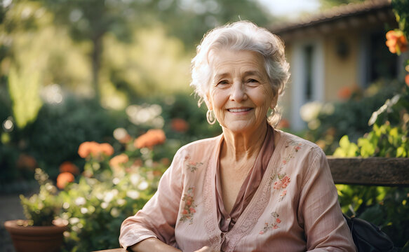 portrait of a smiling senior woman in the backyard.
