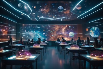 A futuristic classroom filled with holographic displays and interactive learning tools - obrazy, fototapety, plakaty