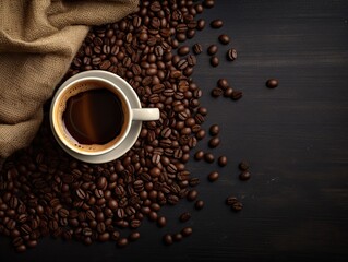 Top view of cup of coffee and coffee beans in a sack, Espresso coffee background 