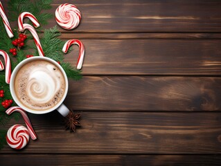 Peppermint coffee mocha decorated with candy canes background, peppermint background with empty space for text - obrazy, fototapety, plakaty
