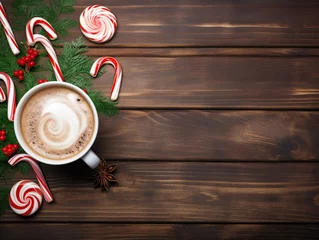 Foto op Plexiglas Peppermint coffee mocha decorated with candy canes background, peppermint background with empty space for text © Amir
