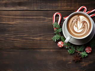 Peppermint coffee mocha decorated with candy canes background, peppermint background with empty space for text - obrazy, fototapety, plakaty
