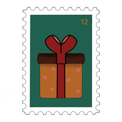 Closed gift box, orange colored with a large red bow. Present. Postage stamps envelop
