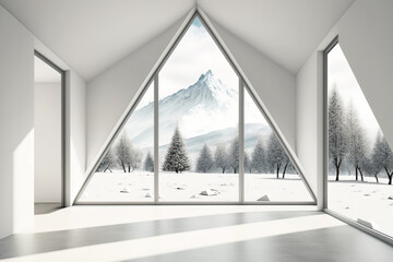 Interior design concept of an empty, bright room with large, triangular-shaped windows and a view of the outdoors. Generative AI