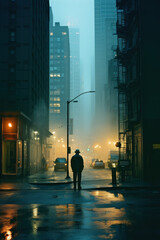 silhouette of a person walking through a sci-fi futuristic neon light street in big city with skyscrapers in the rain gloomy foggy dark in textured pencil hand drawn color block sketch illustration 