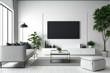 White-themed modern living room. Decoration and architecture. Generative AI