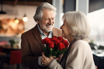 An elderly man gives an elderly lady, his wife, a beautiful set of red roses, a restaurant, a holiday, an anniversary, love.