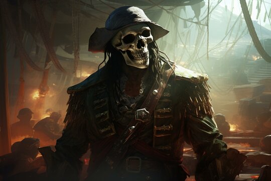 An image depicting a ship deck with a pirate zombie from the Caribbean holding a sword and having a skull face. The content is fictional. Generative AI