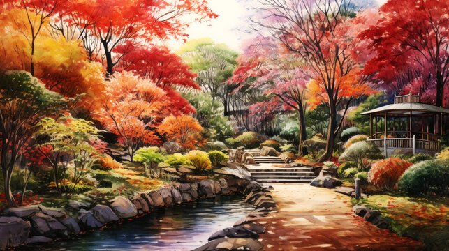 Painting art, Autumn Japanese garden with pond and bridge, japanese style. Ai generative.