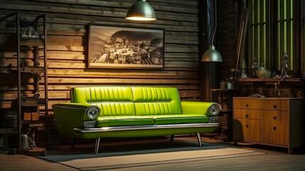 Green sofa in the living room garage style. 3D rendering. Vintage style. Ai generative.