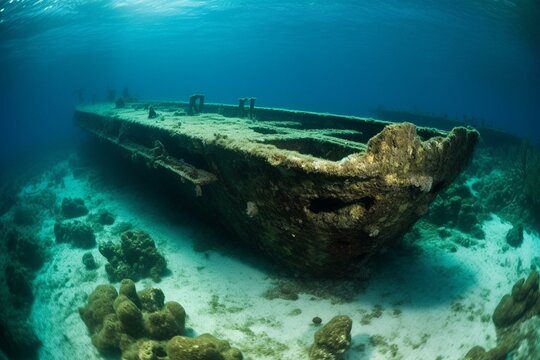 Ancient shipwreck resting on ocean floor. Generative AI