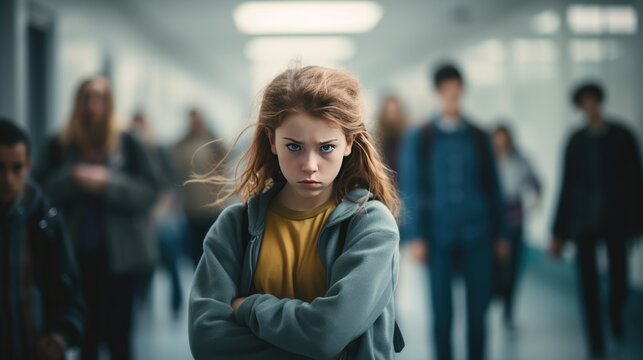 a girl with her arms crossed in a hallway