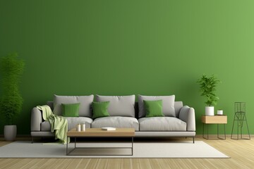 Minimalist living room with green wall, modern sofa, and decorations. Copy space. 3D rendering. Generative AI