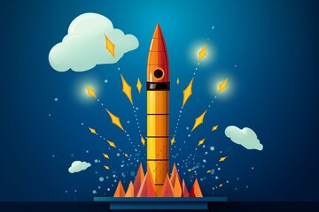 Business booming with a rocket, charting success on a blue background. Generative AI