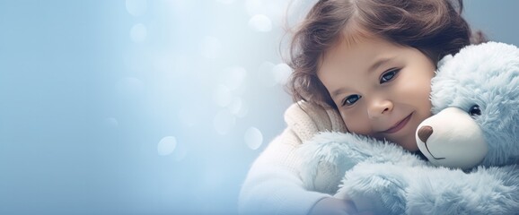 a child hugging a stuffed animal on a baby blue background, with copy space for text - obrazy, fototapety, plakaty
