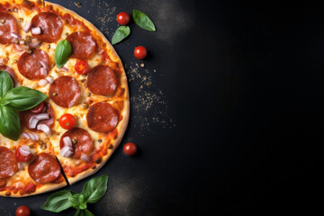 BACKGROUND DARK WITH PIZZA WITH TOMATO AND BASIL