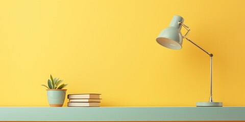 a lamp on a shelf, yellow pastel background