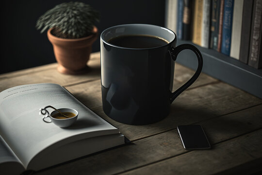 Black cup with book on table. Mockup. Generative AI