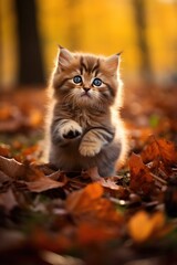 Naklejka na ściany i meble a kitten standing in the forest during autumn, leaves on the ground