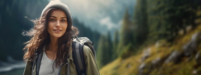 a woman with a backpack, mountains and trees in the background blurred - obrazy, fototapety, plakaty